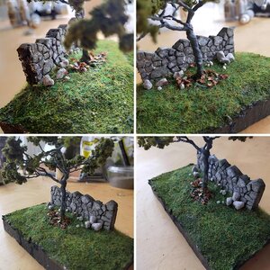 Tree, grass and brick wall.